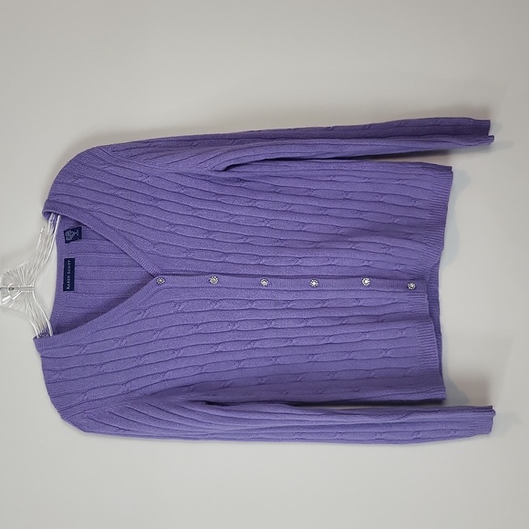 KAREN SCOTT Lilac Silk Angora Cable Knit V-neck Cardigan - Rhinestone Buttons - Picture 1 of 9